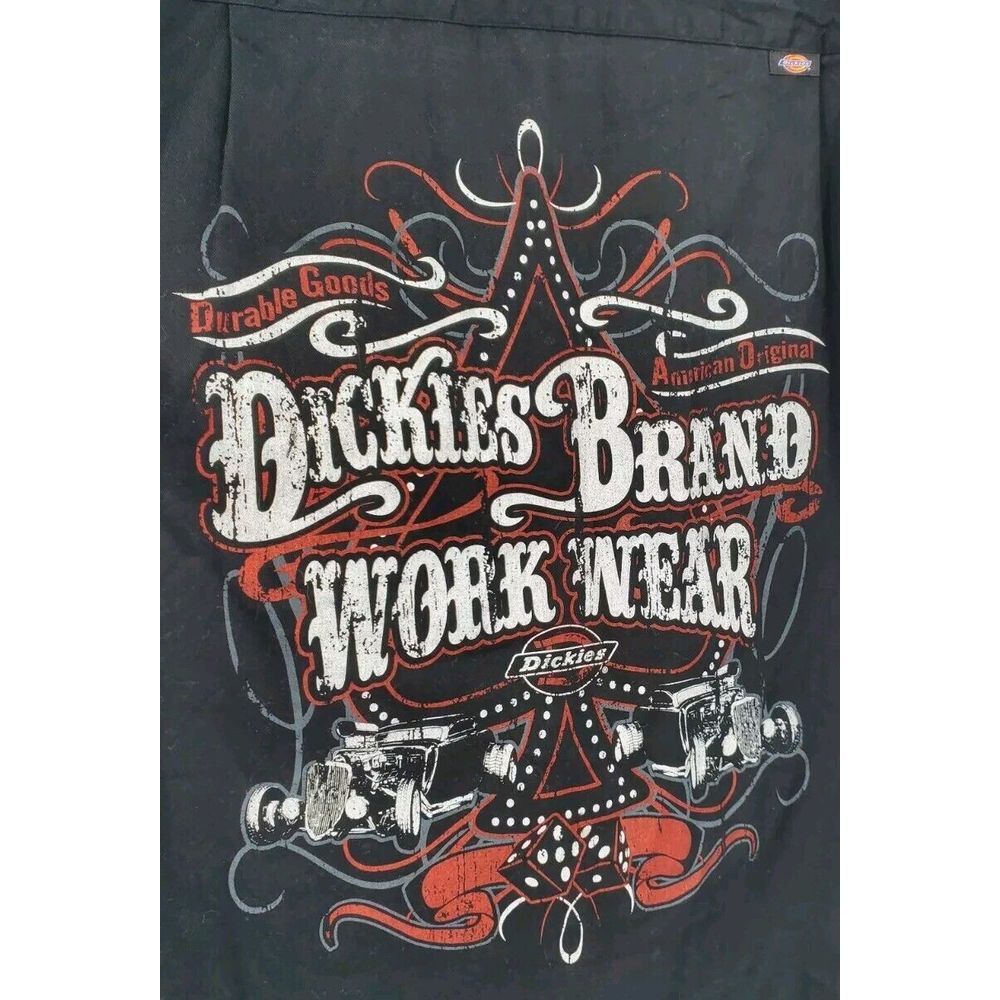 Dickies Workwear Black Button Up Dice Antique Cars Men's Size Medium 100% Cotton